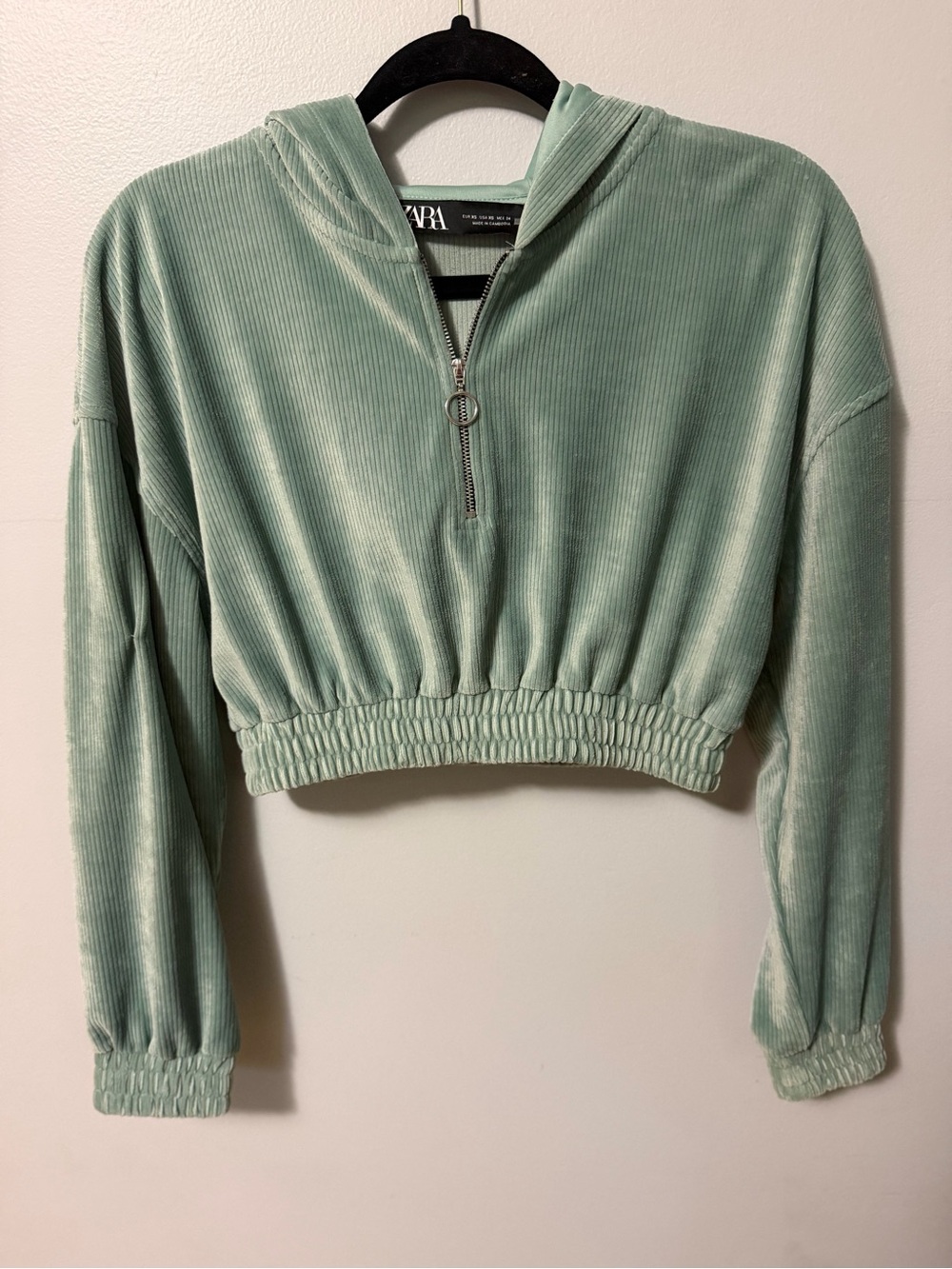 Zara Womens XS Mint Green Ribbed Velour Cropped Hoodie 1/4 Zip Pullover
